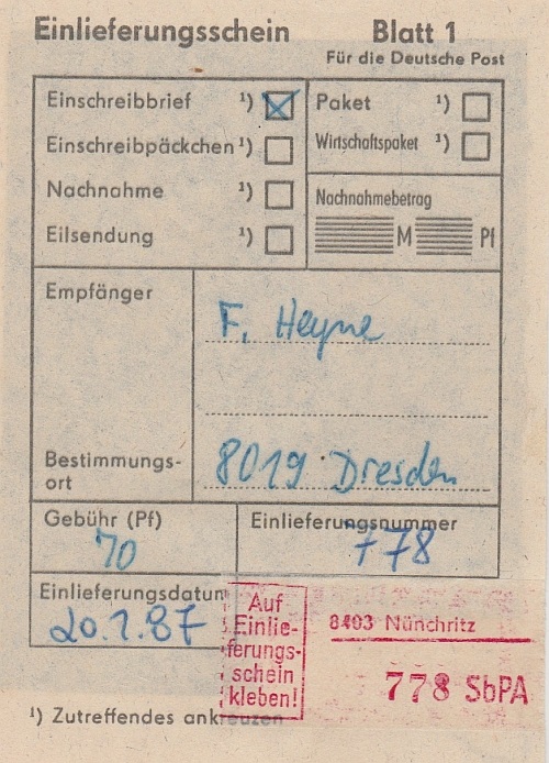 zugehöriger Einlieferungsschein